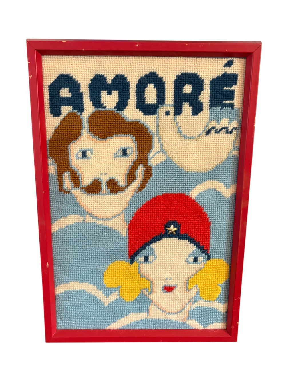 Vintage 1970’s Pop Art Needlepoint 'AMORÉ' Wall Art in Red Frame 12”